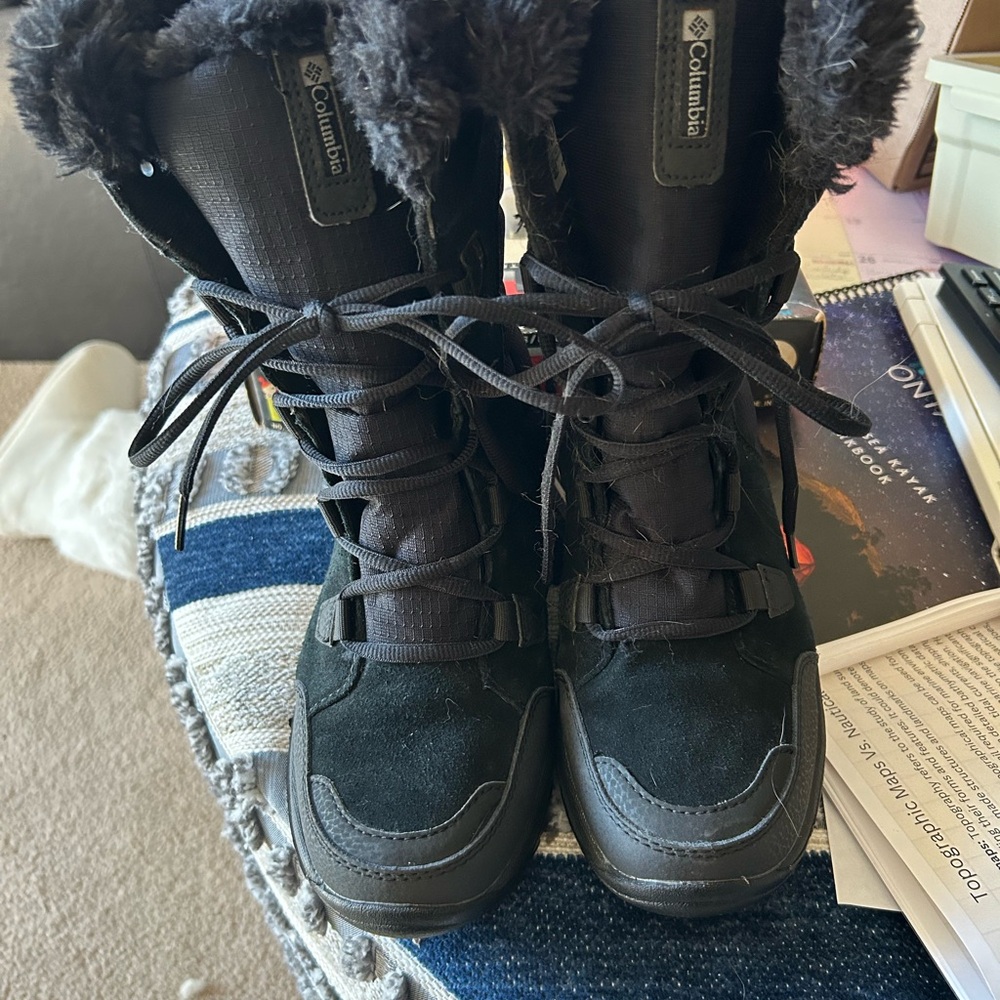 Columbia Black Women's Fur-Trim Winter Lace-Up Boots